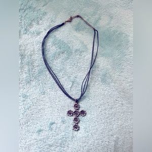 NOW Women silvery & cord adjustable necklace w/navy painted metallic cross. OS
